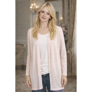 J Jill Linen Blend Longline Open Front Cardigan Blush Pink M Petite Lightweight